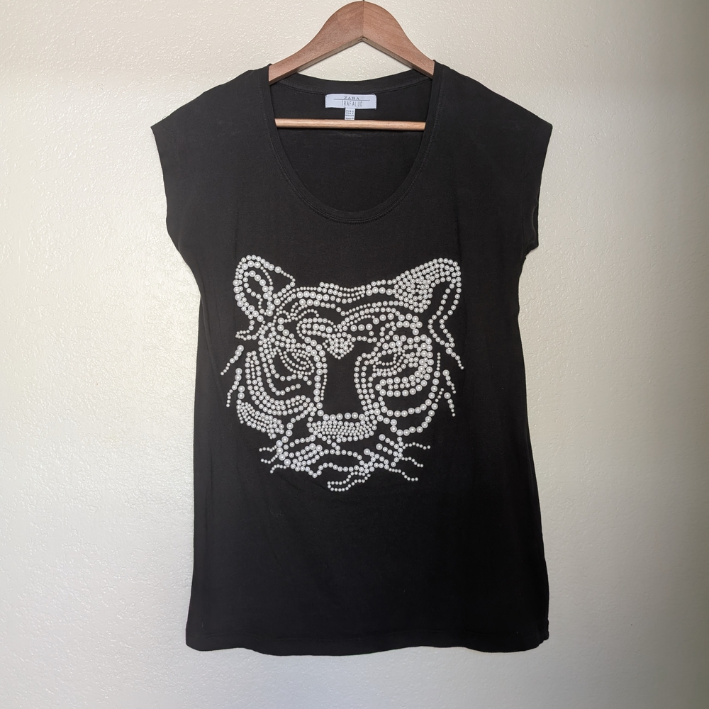 Zara Black Tee with Beaded Tiger Design